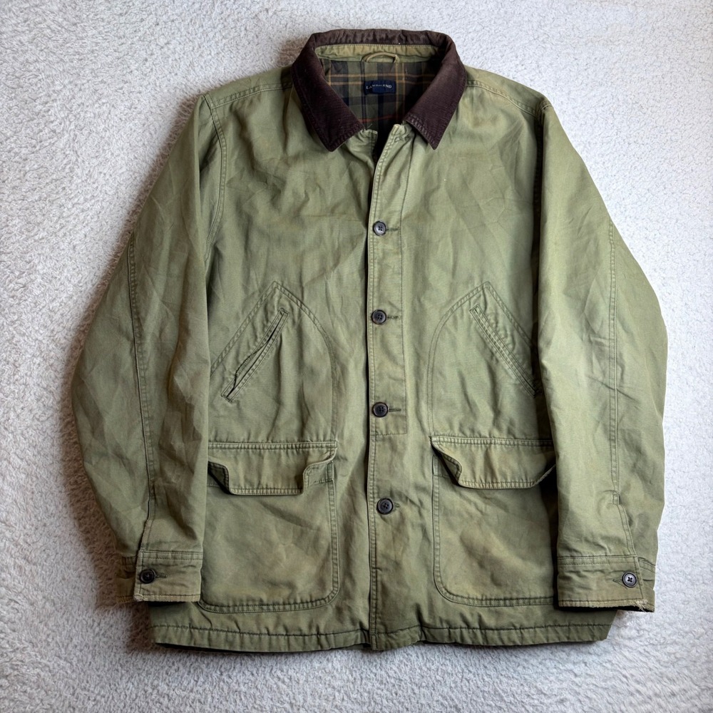 Lands End Y2K Mens XL Barn Coat Olive Green Canvas Corduroy Collar Plaid Jacket